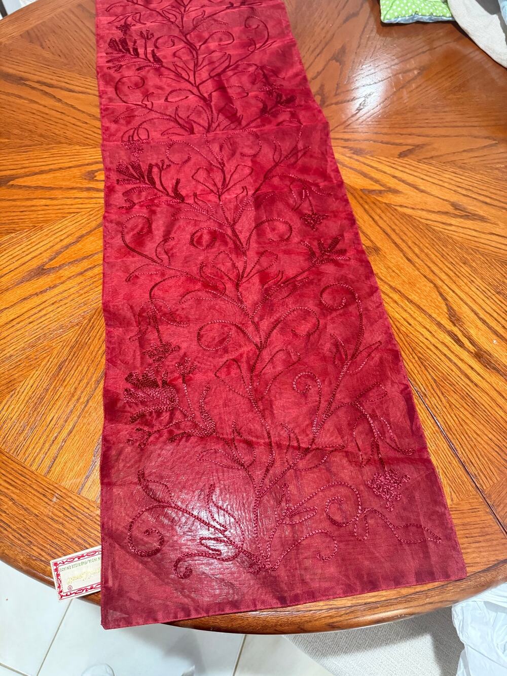April Cornell Burgundy Sheer Silk Table Runner 48" x 13" Floral Embroidered Fall